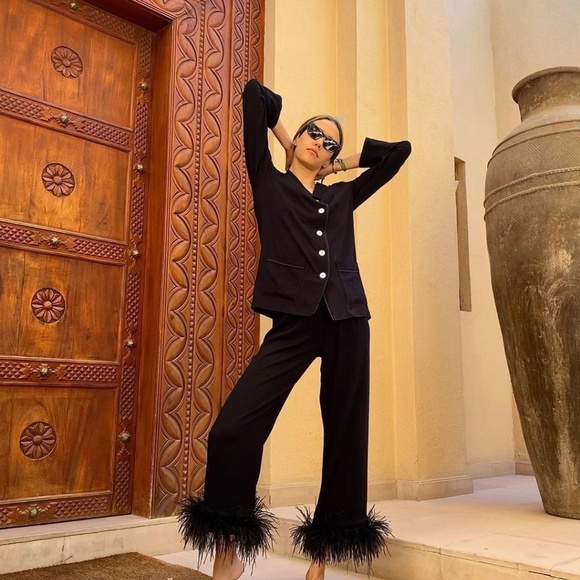 Olivia von Halle 100% Silk Black Faux Fur Trim Pajamas Size S - Picture 6 of 11